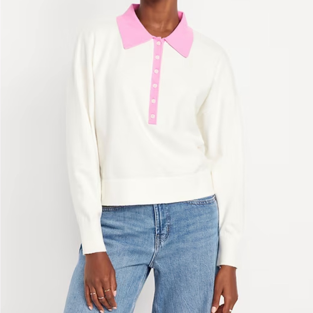 Old Navy SoSoft Lite Cropped Polo Cream & Pink L NWT